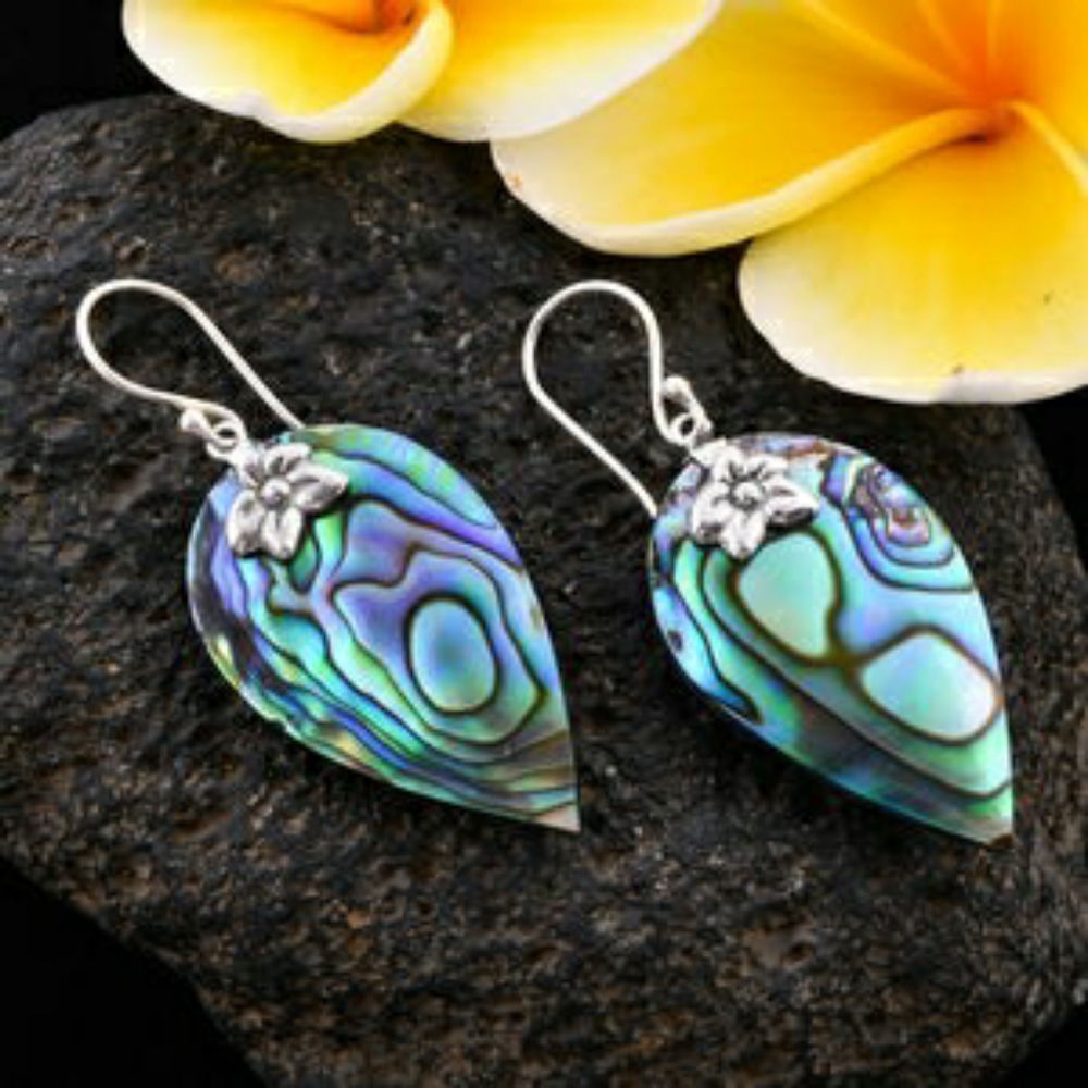 Abalone Shell Flower Drop Earrings 925 Sterling Silver - Picture 2 of 4